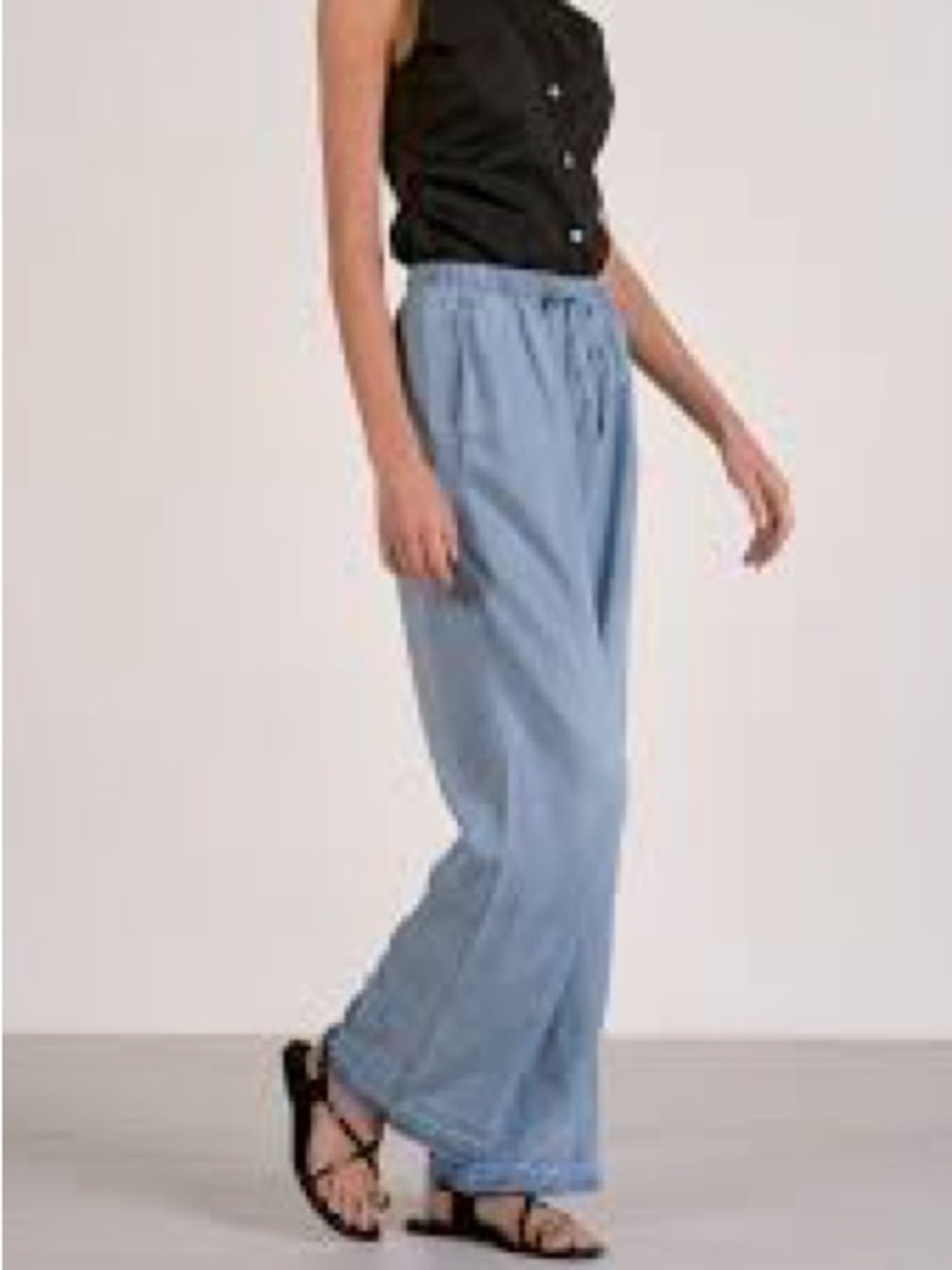 Chambray Wide-Leg Drawstring Pants